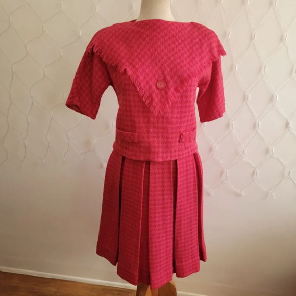 Vintage Houndtooth Skirt Set • Red & Hot Pink • by Ardee • Fits XS to Small - Picture 1 of 8